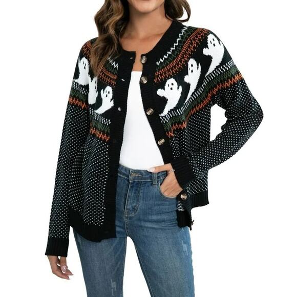 Halloween Ghost Print Polka Dot Round Neck Button Cardigan XXL NWOT - Picture 1 of 4